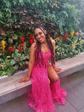 Fuchsia Embellished Spaghetti-Strap Prom Gown